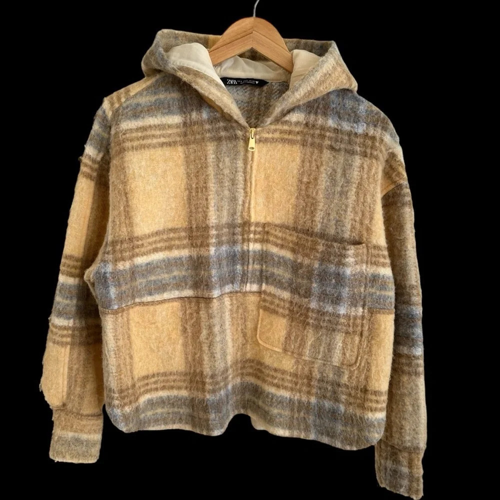 Zara women’s Small Wool Blend Plaid Half zip Pullover Hoodie Boxy Fit Yellow S